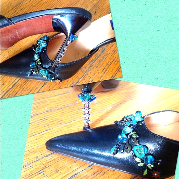 SEXY BLK LTHR MULES w/ BEADWORK & CRYSTAL ACCENTS - Picture 2 of 4